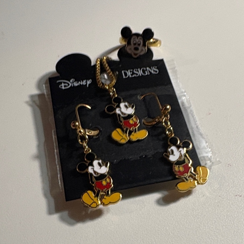 Disney Mickey Mouse Earrings Necklace and Ring Set - Black, Yellow, Red